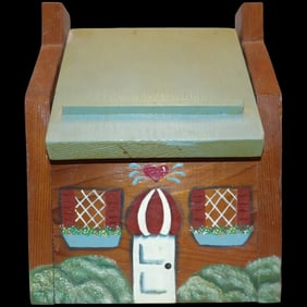 Vintage Folk Art Wood House Recipe Storage Box