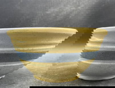 Farmhouse Watt Ware Gold-N-Bake Yellow Mixing Bowl: Title: Farmhouse Watt Ware Gold-N-Bake Yellow Mixing Bowl Date/Period: approx. 1930-40's Dimension: Approx. 6" diameter x 3" Material: yellowware, yellow ware Additional Information: Farmhouse Watt Wa