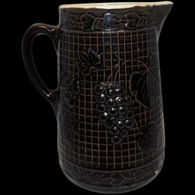 Antique Salt Glaze Stoneware Pitcher with Waffle Pattern and Raised Grape Motif