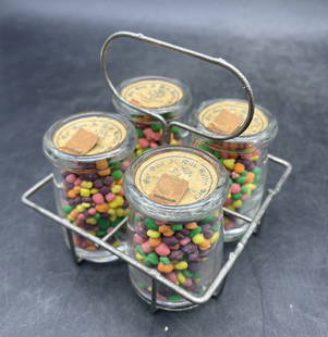 Rare 1930s CV HALL Chicago Dairy CREAMER CANDY CONTAINER: Title: Rare 1930s CV HALL Chicago Dairy CREAMER CANDY CONTAINER Date/Period: Approx. 1930's Dimension: carrier 3.5" x 3.25 x 3.25" bottles: 2" x 1.25" Material: metal, glass, paper caps Additional Inf