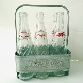 Vintage Double Dot Pepsi Cola Metal 6 Pack Carrier With Bottles