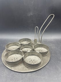 Primitive Tin Antique Poached Egg Maker, Spring Loaded Handle, 6 Rings