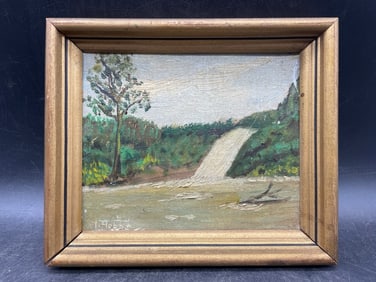 Primitive Waterfall Painting Signed Hobbs