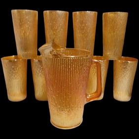 Vintage Jeannette Glass Iridescent Marigold Tree Bark Pattern Pitcher & 9 Rare (23 oz) Iced Tea