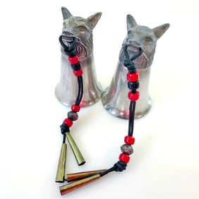 Vintage Pewter Fox Stirrup Cups with Leather Beaded Strap