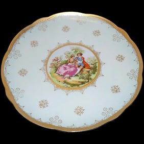 Antique Light Blue Cake Stand Courting Couple Circa 1920 Beehive or Shield Mark Back Stamp Signed J