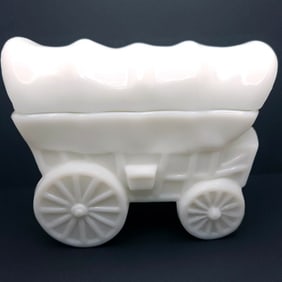 K.R. Haley - Kemple Glass Co. Prairie Schooner Milk Glass Covered Wagon Dish