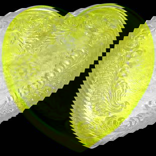 Boyd Glass Vaseline Heart Shaped Trinket or Mint Dish: This Boyd Vaseline Heart Shaped Trinket or Mint Dish is in excellent condition. Is embossed with the Boyd backstamp on the bottom. Made before 1941. NO chips, cracks, or flea bites. Measures 3 ½