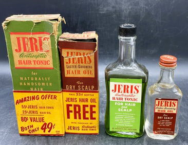 2 JERIS Hair Tonic & Hair Oil Vintage Barber Bottles, Winarick Inc with Box