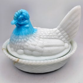 Westmoreland White Milk Glass with Light Blue Head Hen on the Nest