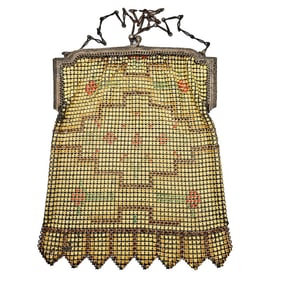 1920's Whiting & Davis Cream Mesh Enamel Purse Native Motif