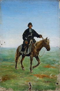Oil painting Man on horse: &#8470;Verns 1097 *** ABOUT THIS PAINTING *** * TITLE: "Man on horse" * ARTISTS: Unknown artist * SIZE: 30x20 cm/'11.81x7.87 inches' * MEDIUM: oil, canvas on cardboard * HAND PAINTED: Original paintin