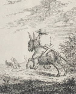 Antique Etching Original Man, Horse, Donkey , Hunting, Landscape: Title: Antique Etching Original Man, Horse, Donkey , Hunting, Landscape Description: Engraving on paper 27.5 x 18.5 cm unsigned stains Reserve: $100.00 Shipping: Domestic: Fla