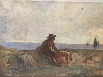 Antique Painting Original Landscape, Farm, Man, Boat, Goat, Sheep 19th century: Title: Antique Painting Original Landscape, Farm, Man, Boat, Goat, Sheep 19th century Description: This is an antique item (over 100 years old), and you may be eligible for reduced or exempt customs d