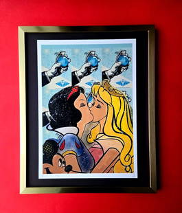 Death NYC Large Framed 16x20in Pop Art Hand Signed PRINCESSES KISS DISNEY COA #8: Up for Sale this Beautiful and Scarce Print by Pop Art Graffiti Master Artist Death NYC Hand Signed in Pencil Numbered X/100 or Artist Proof This piece is mounted on a 20 x 16 in. black acid free blac