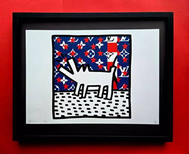 Death NYC Large Framed 16x20in Pop Art Certified MY KEITH HARING DOG #8: Up for Sale this Beautiful and Scarce Print by Pop Art Graffiti Master Artist Death NYC Hand Signed in Pencil Numbered X/100 or Proof This piece is mounted on a 20 x 16 in. black acid free black board