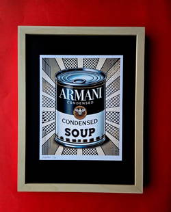 CHIARA BELLINI | ARMANI CONDENSED SOUP Hand Signed Authentic Print LtdEd COA: In her latest project, Chiara Bellini launched a collection of pop art-inspired soup cans titled Luxury Soup Cans. Inspired by pop art icons like Andy Warhol and his famous soup can series, Bellini re
