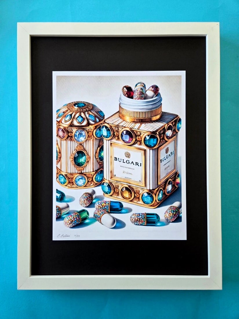 CHIARA BELLINI + BULGARI COMFORT PILLS Hand Signed Authentic Giclee COA: In her latest project, Chiara Bellini launched a collection of pop art-inspired Pill Cases titled Luxury Pill Cases. Inspired by pop art icons Bellini reinterpreted this theme with a modern and sophis