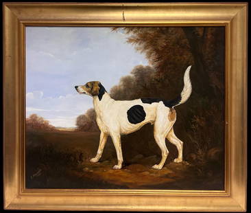 Fine English Sporting Art Oil Painting Hunting Hound in Country House Landscape 1985: About the Item Portrait of a Foxhound Andrew Alexander ( Contemporary British) signed and dated 1985 oil on board, framed framed: 30 x 35 inches board: 24 x 29 inches Provenance: private collection, E