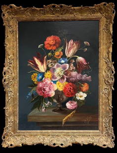 Fine Dutch Classical Still Life Oil Painting Ornate Flowers in Bowl Signed: About the Item Classical Floral Still Life Dutch School, mid 20th century signed oil on board, framed framed: 29 x 23 inches board : 25 x 19 inches Provenance: private collection, Europe Condition: ve