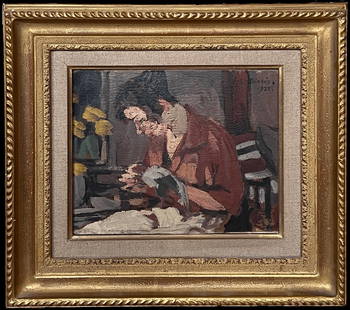 1920's French Impressionist Signed Oil Painting Lady Seated in Interior Sewing 1925: About the Item Artist/ School: Suzanne Dink&#233;s (French, 1895 - 1984) signed and dated 1925 Title: Lady in Interior, Sewing Medium: signed oil on board, framed Framed: 14.5 x 16.5 inches Board : 9.