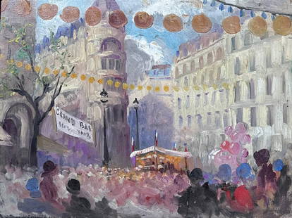 1930s French Impressionist Oil Painting Busy French Market Festival Street Scene 1930's: About the Item The Street Festival by Marcelle Krier - Lambrette ( Born 1899) French School oil on artists board, framed framed: 13 x 17 inches board: 9.5 x 14 inches Provenance: private collection, P