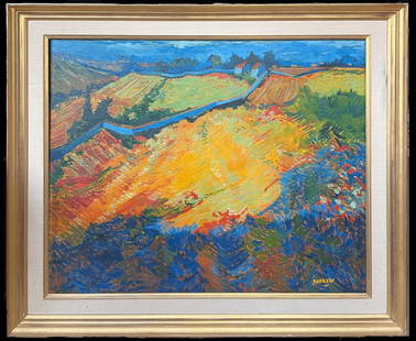 Large 20th Century French Post-Impressionist Signed Oil Painting Golden Fields: About the Item Golden Fields in Landscape French Post-Impressionist artist, mid/ late 20th century signed 'Sarazin' signed oil on canvas, framed framed: 32 x 38 inches canvas: 25.5 x 32 inches Provena