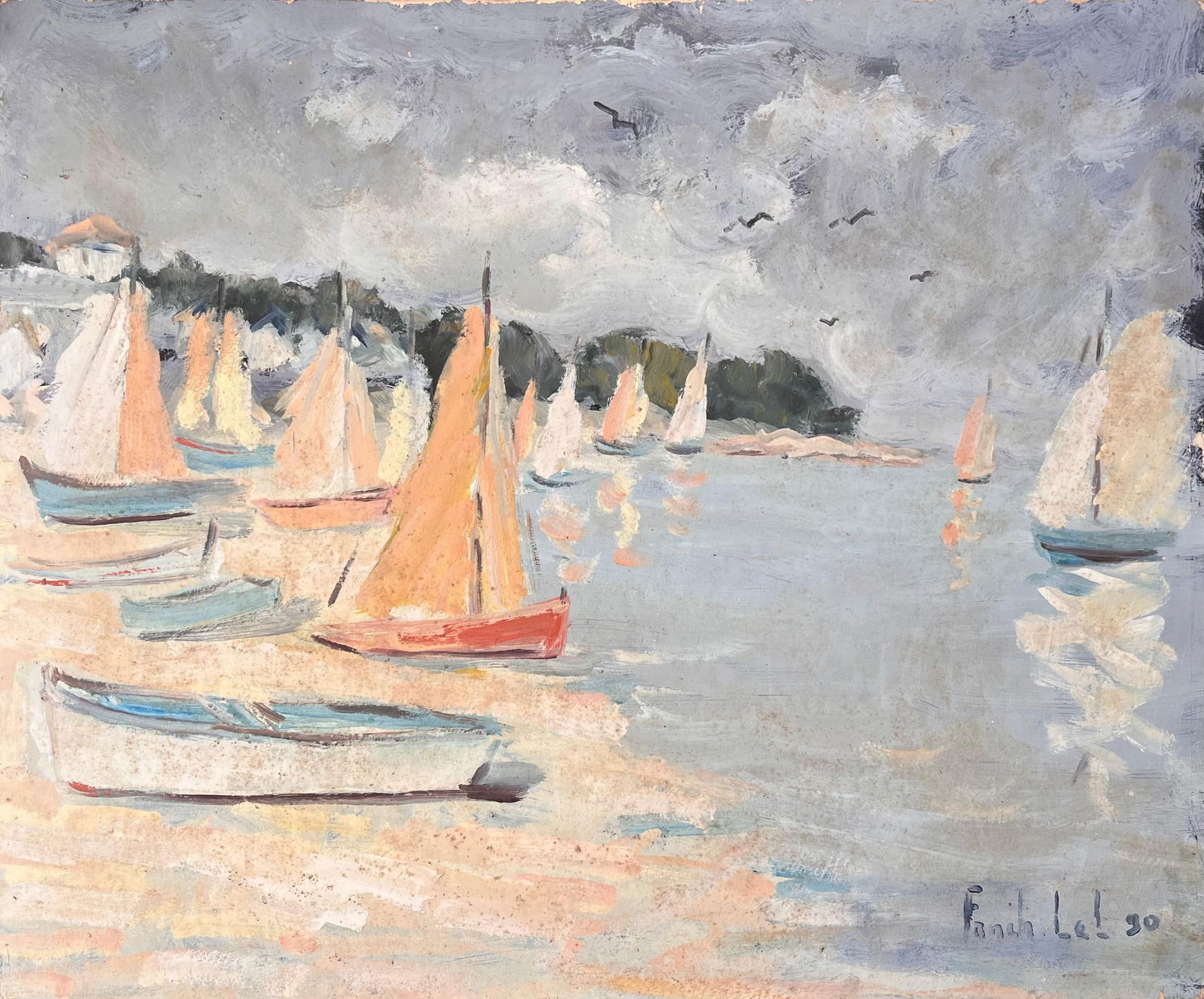 French Impressionist Regatta Scene with Colourful Sails and Seaside Village 1990: About the Item Title: French Impressionist Regatta Scene with Colourful Sails and Seaside Village By Fanch Lel Signed: Yes Size: 18 x 21.5 inches (height x width) Oil painting on cardboard, unframed C