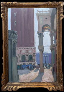 Early 1900's French Impressionist Oil Sketch Figures St. Marks Square Venice: About the Item Piazzo San Marco, Venice by Etienne Auguste Krier (1875 - 1953) oil on board, framed framed: 10.5 x 7.5 inches board: 8 x 6 inches Provenance: private collection, Paris Condition: very