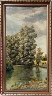 Pastoral River Landscape Signed Traditional English Oil Painting: About the Item Signed C.S .Vokes Dated 74' signed oil painting on board, framed framed: 26 x 14.5 inches board: 24 x 12 inches condition: very good provenance: private collection, UK Creator: Colin Vo