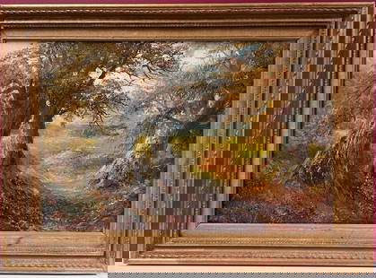 Antique English Oil Painting Woodland Pathway Golden Light through Trees & Field: About the Item The Woodland Path circle of George Turner (English 1841-1910) oil painting on canvas, framed framed: 19 x 25.5 inches canvas: 14 x 21.5 inches condition: very good provenance: private c