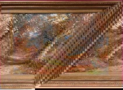Autumnal Woodland Pathway Antique English Oil Painting in Gilt Frame: About the Item The Woodland Path circle of George Turner (English 1841-1910) oil painting on canvas, framed framed: 19 x 25.5 inches canvas: 14 x 21.5 inches condition: very good provenance: private c