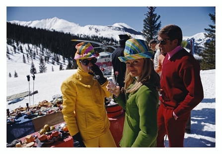 Snowmass Village' Slim Aarons: Description Snowmass Village 1968 Photo by Slim Aarons Women in colourful hats at an apres ski party in Snowmass Village, in Pitkin County, Colorado, in March 1968. Open Edition C type print Archive S