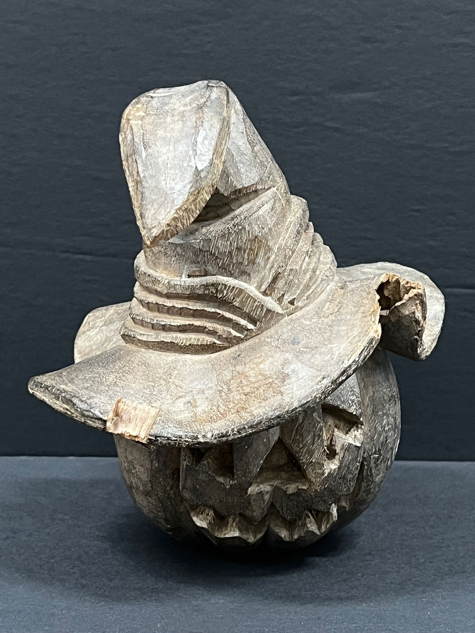 Jack o Lantern Pumpkin Sculpture: Title: Jack o Lantern Pumpkin Sculpture Date/Period: Late 20th Century Dimension: 8" h x 7" w Material: Wood Additional Information: Folk Art Carved Wood Jack o Lantern Pumpkin Sculpture Reserve: $40.