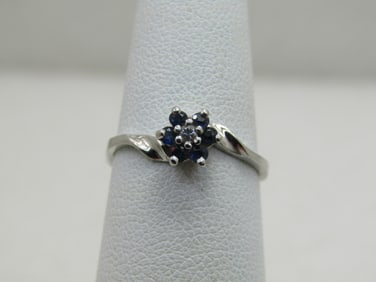 Vintage 10kt Sapphire Diamond Blossom Ring, Sz. 6, Signed