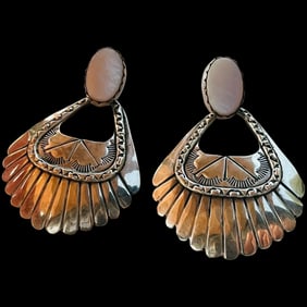 Southwest Sterling Silver and Pink Mussel Shell Door Knocker Earrings
