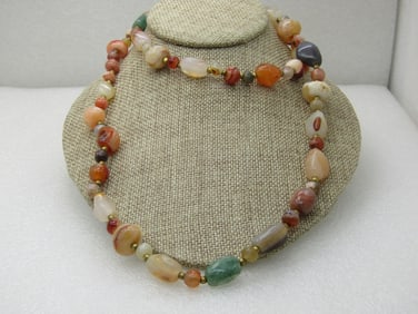 Vintage Mixed Hardstone Necklace, 34" Gold Tone Accent Beads NL