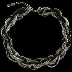 Estate Tasha Silver, Black, and Gray Metal Braided Chain Necklace