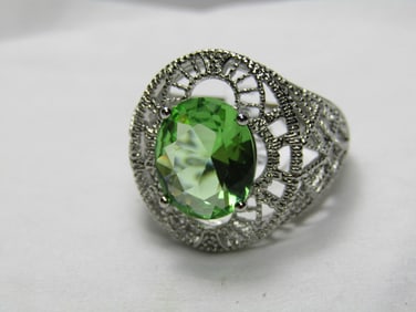 Silver Filigree Green Crystal Ring, Sz. 8.5, Statement Ring