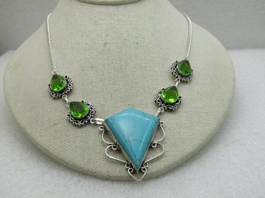 Silver Tone Southwestern Faux Turquoise Necklace, 18.5", with Green pear shaped rhinestones