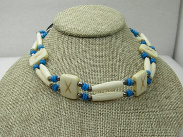 Vintage Costume Warrior Necklace, 32", Unisex, Turquoise & Bone Colored Beads, Black Suede