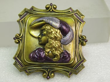 Vintage Faux Art Nouveau Woman in Hat Brooch, Enameled, 1980's