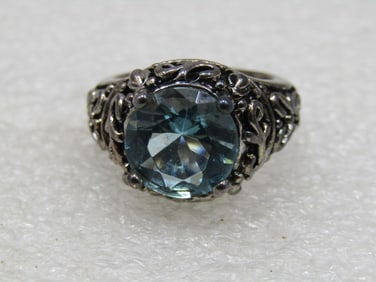 Silver Tone Simulated Blue Topaz Scrolled Ring, Sz. 7, Statement Ring