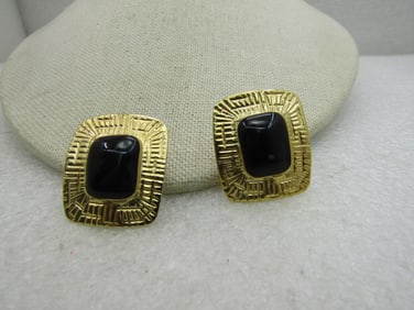 Vintage Goldtone Black Rectangular Clip Earrings, 1980's.
