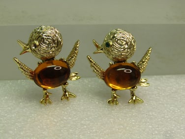 Pair of Jelly Belly Bird Brooches, 1960's, Signed Gerry's