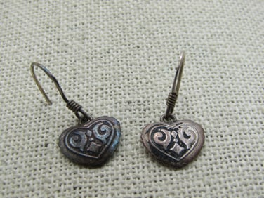 Vintage Sterling Silver Dangling Heart Earrings, Pierced, with design