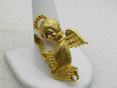 Vintage Gold Crown Rinestone Angel Trembler Brooch, 1.75"