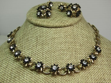 Vintage Black Floral Rhinestone Necklace and Earrings, Screwback, 1940's-1950's