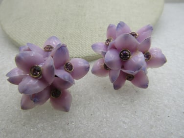 Vintage Lilac Blossom Screw Back Earrings, Rhinestones, Mid-Century