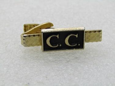 Vintage C.C. Tie Clasp , 1.5", Gold Tone, 1960's